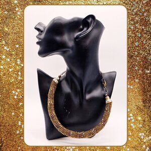 Handwoven Bronze & Gold Beaded Choker Necklace – Artisan Statement